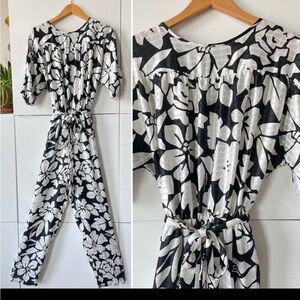 Vintage Black and White Tropical Floral One Piece Jumpsuit Playsuit Romper